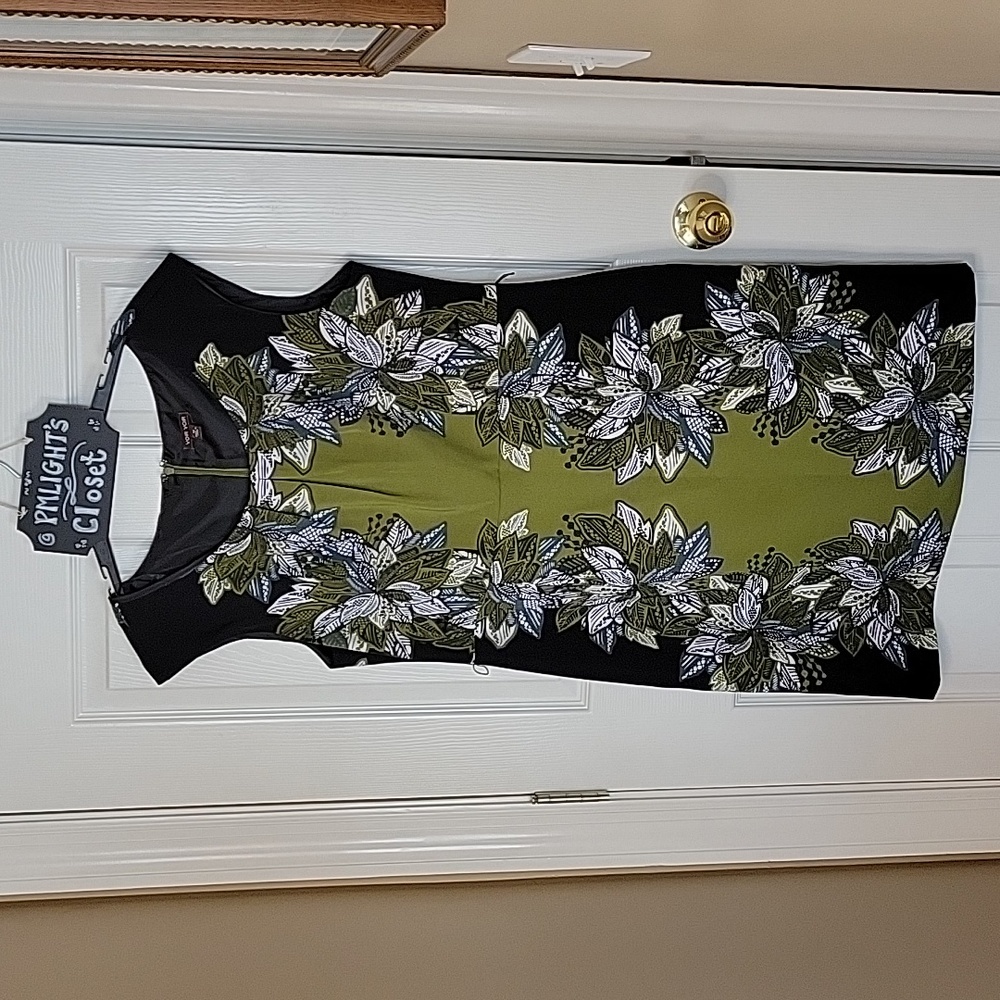 Voir Voir Dress 14 Black Olive Green White Floral Sleeveless Sheath